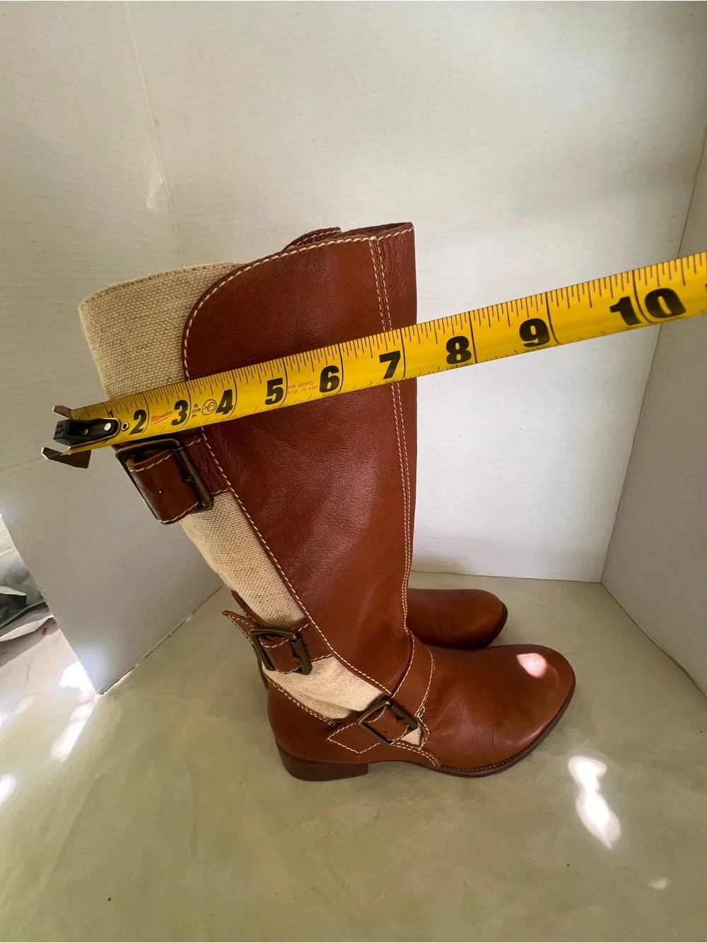 Women’s Corso Como  Tall Brown and Cream  canvas Buckle Riding Boots